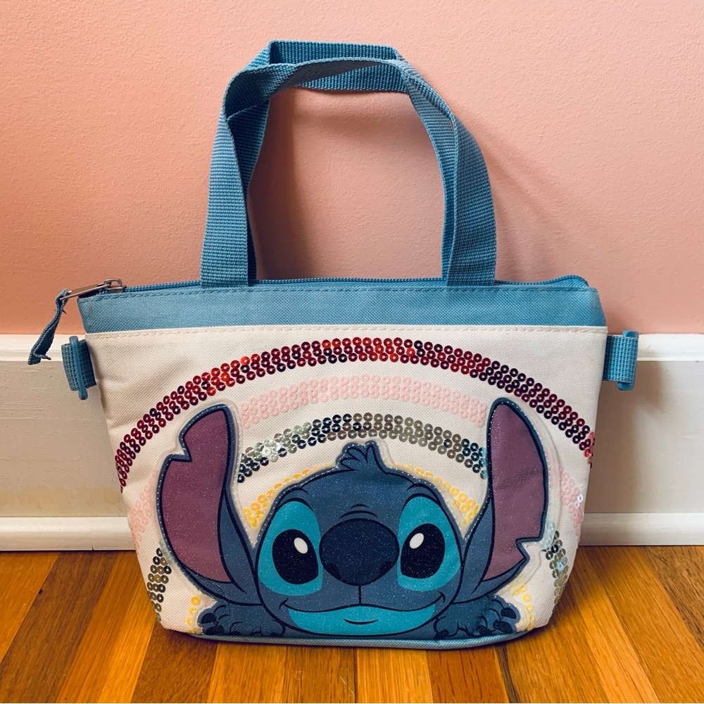 Disney Stitch Lunch Box Blue White Sequins Rainbow Used